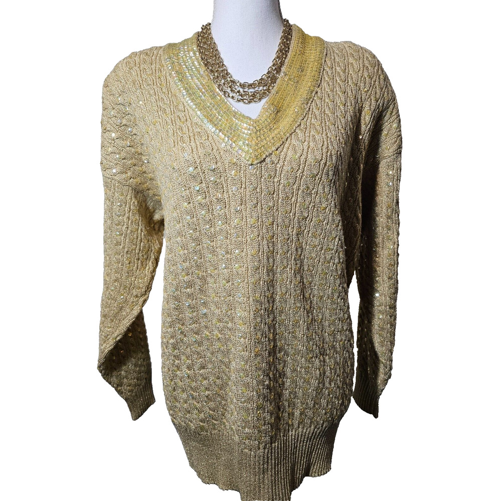 Vintage 90s Cache Gold Label Metallic Knit Sweater Sequins V Neck Wool Blend L